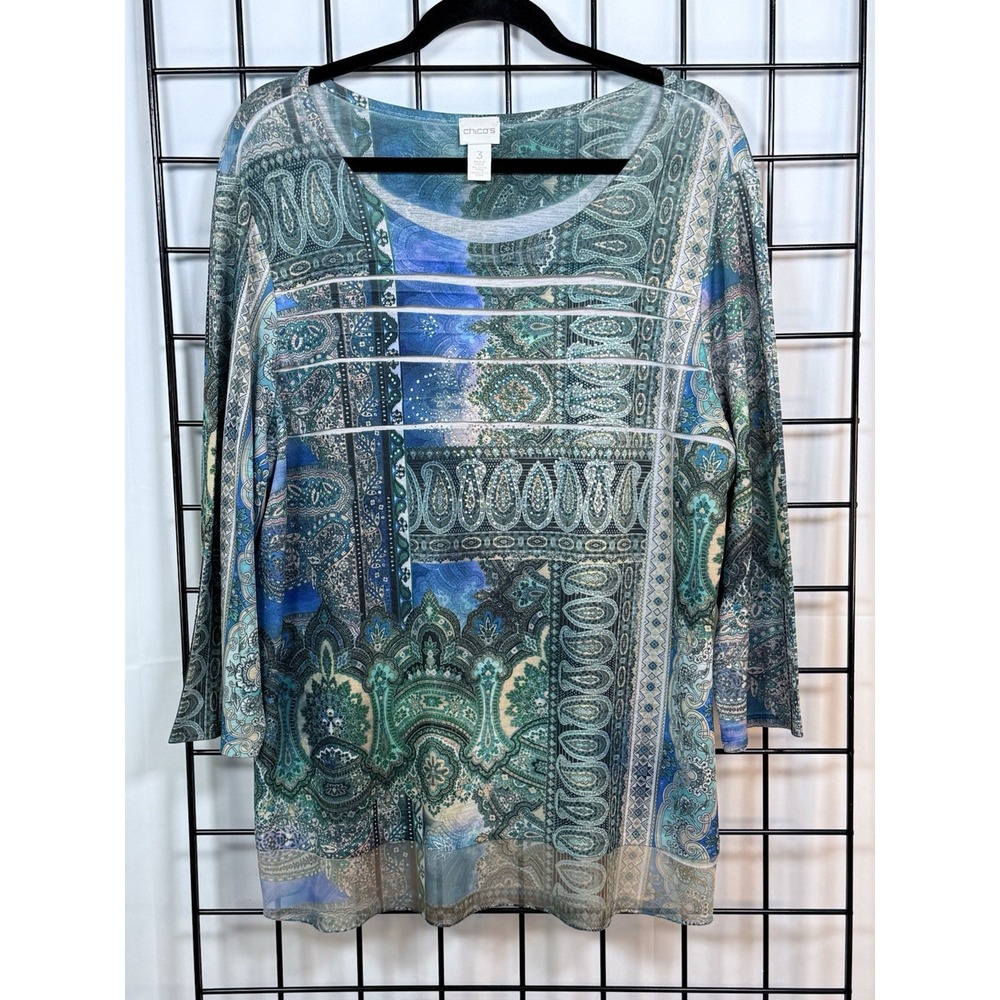 Chico's Paisley Age Toni Tiered Blue Embellished Top‎ Shirt Womens 3 (XL) Blue